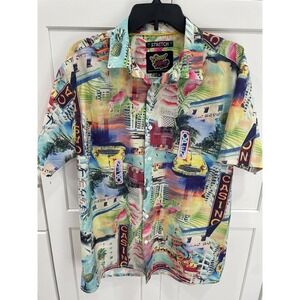 Good Vibes Shirt Mens‎ Sz L Casino Floral Stretch Hawaiian Resort Button Up SI48